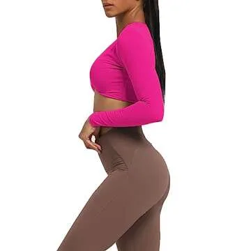 Aoxjox Long Sleeve Crop Tops for Women Sienna Twist Deep V Workout Cropped T Shirt Top (Rose Red, Large)