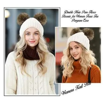 Arctic Paw Womens Beanies for Winter Cable Knit Beanie Hat Faux Fur Pompom Ears White