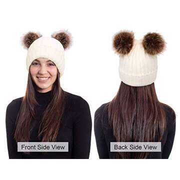 Arctic Paw Womens Beanies for Winter Cable Knit Beanie Hat Faux Fur Pompom Ears White