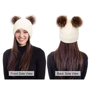 Arctic Paw Womens Beanies for Winter Cable Knit Beanie Hat Faux Fur Pompom Ears White