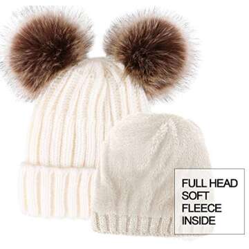 Arctic Paw Womens Beanies for Winter Cable Knit Beanie Hat Faux Fur Pompom Ears White