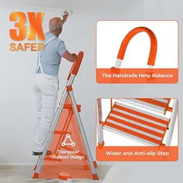 LUISLADDERS 3 Step Stool Aluminum Lightweight Step Ladder Folding Anti-Slip with Rubber Hand Grip 350lbs Capacity Home and Kitchen Anti-Slip Stepladders