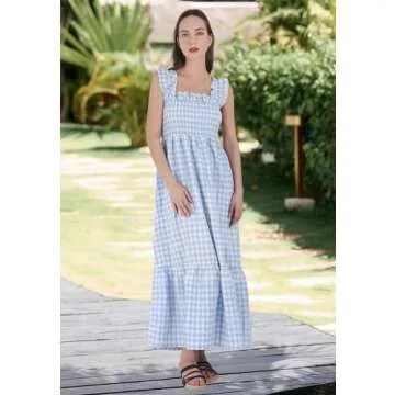 chouyatou Women's Retro Plaid Smocked Dress Spaghetti Strap Flounce Long Dress (Medium, Sky Blue)