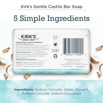 Kirk's Castile Bar Soap for Men, Women & Children - Made with Premium Coconut Oil, Sensitive Skin Fo...