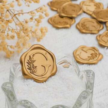 SWANGSA 50 Pack Letter G Wax Seal Stickers, Antique Gold Botanical Leaves Initial Alphabet Self-Adhesive Wax Seal Stickers for Wedding Party Invitation Envelopes