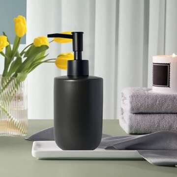 Black Soap Dispenser for Bathroom,Minimalist Modern Design Cylindrical Lotion Dispenser,12oz Ceramic Hand Dish Soap Dispenser,Refillable Liquid Dispenser for Kitchen,Matte Black Pump(Black)