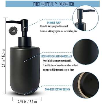 Black Soap Dispenser for Bathroom,Minimalist Modern Design Cylindrical Lotion Dispenser,12oz Ceramic Hand Dish Soap Dispenser,Refillable Liquid Dispenser for Kitchen,Matte Black Pump(Black)