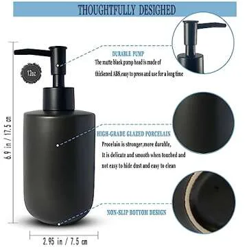 Black Soap Dispenser for Bathroom,Minimalist Modern Design Cylindrical Lotion Dispenser,12oz Ceramic Hand Dish Soap Dispenser,Refillable Liquid Dispenser for Kitchen,Matte Black Pump(Black)
