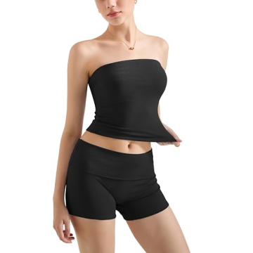 SUUKSESS Women 2 Piece Tube Top Going Out Foldover Waist Casual Shorts Lounge Set Tracksu Workout Ma...