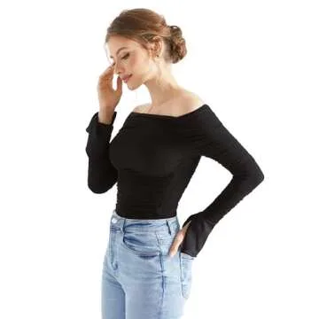 OMKAGI Black Long Sleeve Off Shoulder Crop Top for Women
