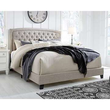 Signature Design by Ashley Jerary Farmhouse Button-Tufted Upholstered Platform Bed, King, Light Gray