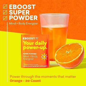 EBOOST Energy Drink & Electrolyte Powder, 20 Packets - Super Powder Orange with No Added Sugar - Ess...