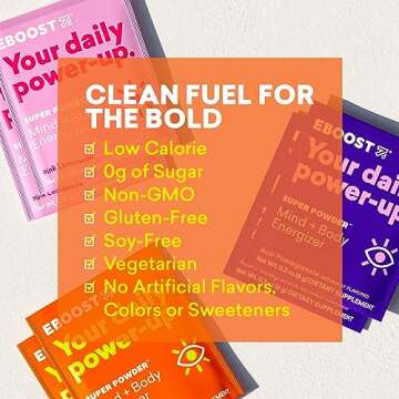 EBOOST Energy Drink & Electrolyte Powder, 20 Packets - Super Powder Orange with No Added Sugar - Essential Blend of Vitamins, Nootropics & Natural Caffeine and Hydration - Pre & Post Workout