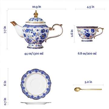 ACMLIFE Bone China Tea Set with Teapot, Blue and White Tea Set for Adults, Vintage Floral Tea Sets for Women Tea Party or Gift Giving