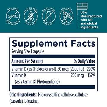 Designs for Health Vitamin D Synergy - 2000 IU Vitamin D with K Supplement - Supports Healthy Moods, Bone Health + Immune Health for Adults - VIT D3 + Vitamin K - Gluten Free + Non-GMO (240 Capsules)