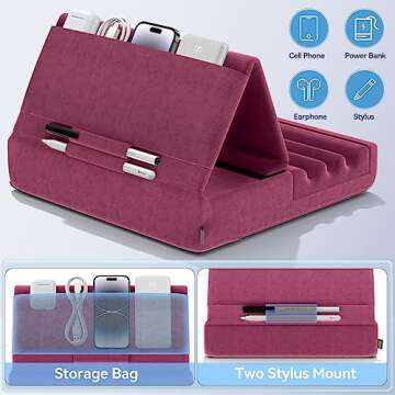 KDD Tablet Pillow Holder, Foldable iPad Stand for Lap, Bed and Desk -Tablet Soft Pad Dock with Pocket & Stylus Mount Compatible with iPad Pro 12.9, 10.5, 9.7 Air Mini 6 5 4 3, Galaxy Tab, E-Reader