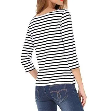 Tulucky Women's Casual Long Sleeve Shirts Stripe Tees Round Neck Tank Tops(S01-3/4SleeveWhite,M)