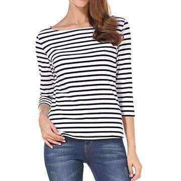 Tulucky Women's Casual Long Sleeve Shirts Stripe Tees Round Neck Tank Tops(S01-3/4SleeveWhite,M)