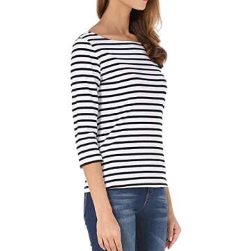 Tulucky Women's Casual Long Sleeve Shirts Stripe Tees Round Neck Tank Tops(S01-3/4SleeveWhite,M)