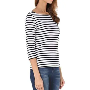 Tulucky Women's Casual Long Sleeve Shirts Stripe Tees Round Neck Tank Tops(S01-3/4SleeveWhite,M)