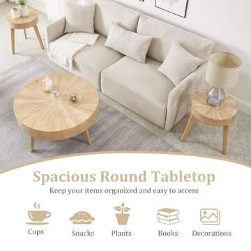 Gexpusm 2-Piece Solid Wood Coffee Table Set, Rustic Round Farmhouse End Tables for Living Room, 31x31x16 in, Light Brown
