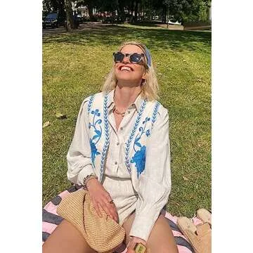 Women's Vintage Embroidered Floral Vest Y2k Sleeveless Linen Open Shirt Blouse Fashion Crochet Flower Cardigan Vests Tops