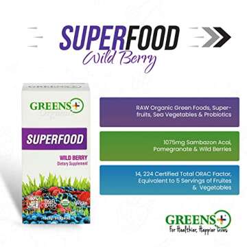 Greens+ Organic Wild Berry Superfood Powder Packet, Superfoods for Morning Kick, Energy & Vitality Boost, Nutrition & Vibrant Health, Dietary Supplement, Vegan Soy/Dairy/Gluten Free (15 Sticks)