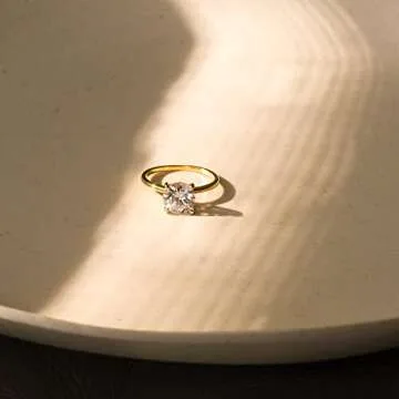 espere 18K Gold Plated Sterling Silver Round Cut 2 Carat Cubic Zirconia Solitaire Engagement Ring | Women's Gold Band CZ Promise Ring