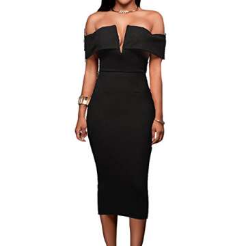 Alvaq Women's Sexy V Neck Off The Shoulder Evening Bodycon Club Midi Dress, Black, XL