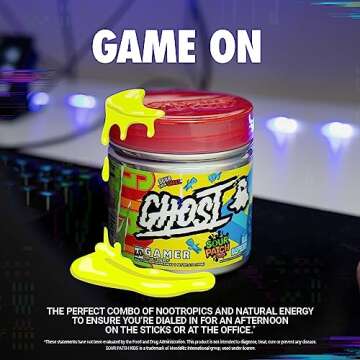 GHOST Gamer: Energy and Focus Support Formula - 40 Servings, Sour Patch Kids Blue Raspberry - Nootropics & Natural Caffeine for Attention, Accuracy & Reaction Time - Vegan, Gluten-Free