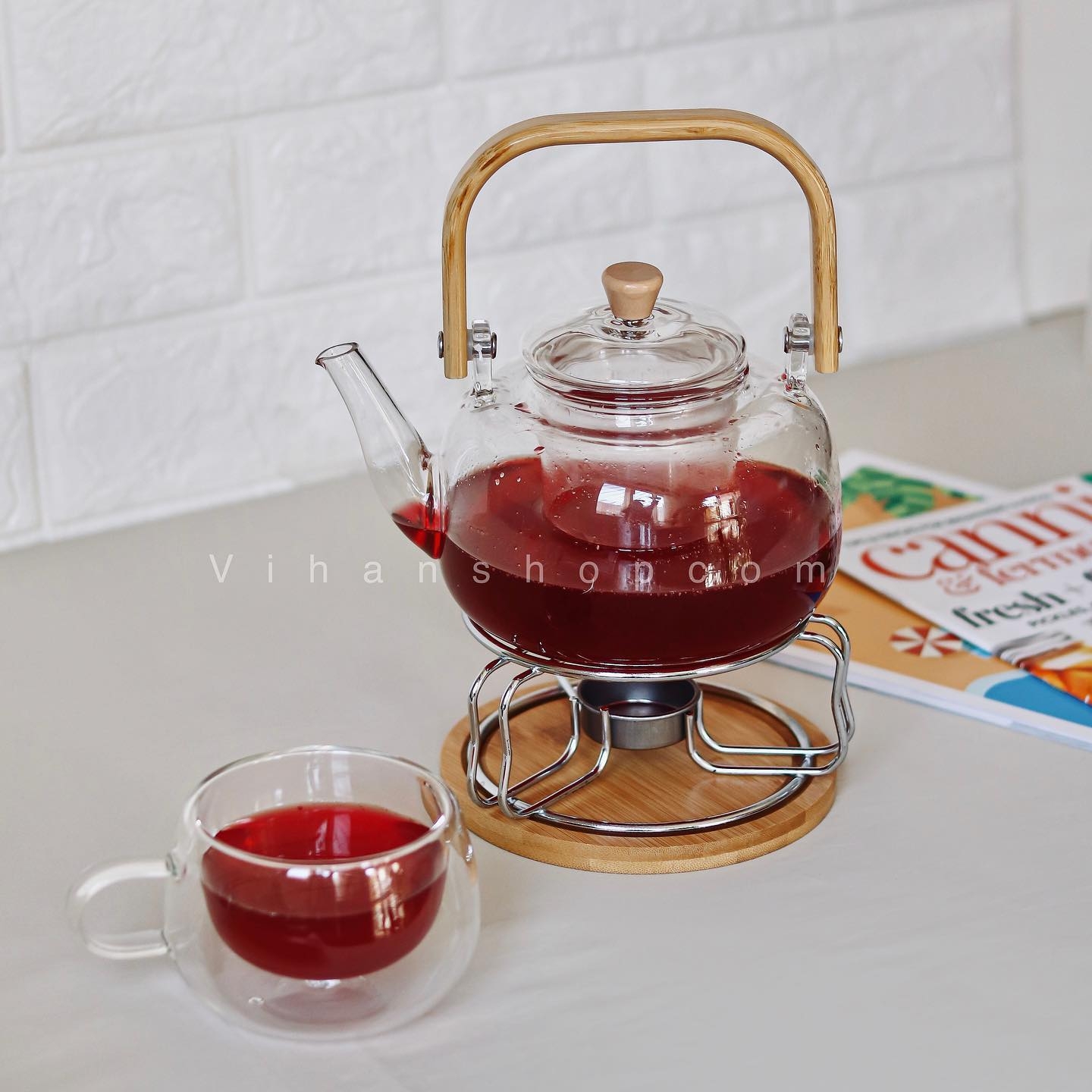 ست چای‌خوری قوری پیرکس دسته بامبو + لیوان و وارمر