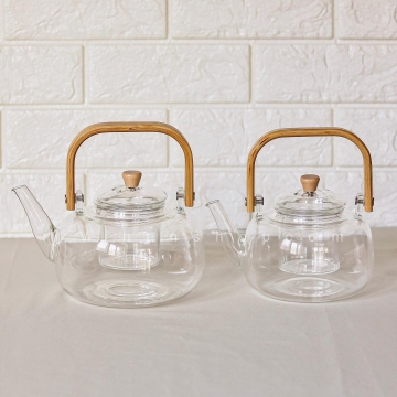 ست چای‌خوری قوری پیرکس دسته بامبو + لیوان و وارمر