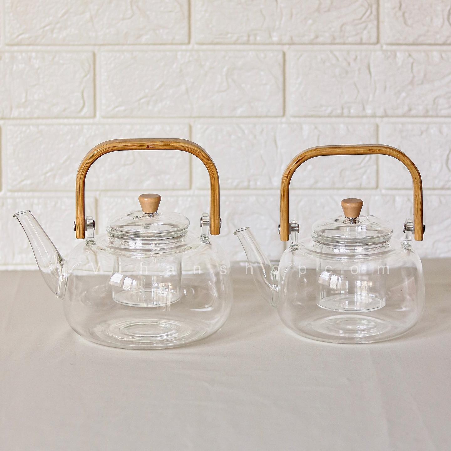 ست چای‌خوری قوری پیرکس دسته بامبو + لیوان و وارمر