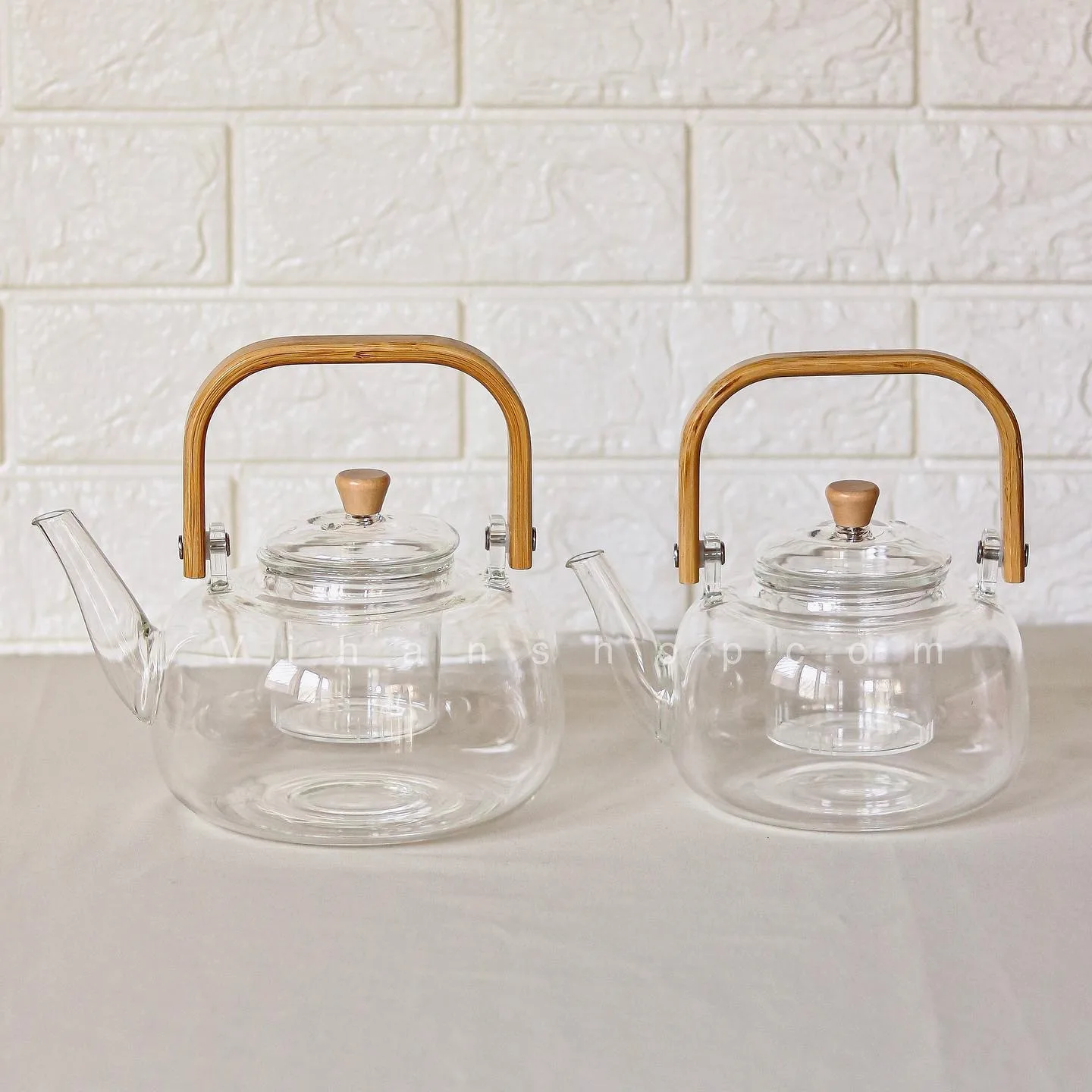 ست چای‌خوری قوری پیرکس دسته بامبو + لیوان و وارمر