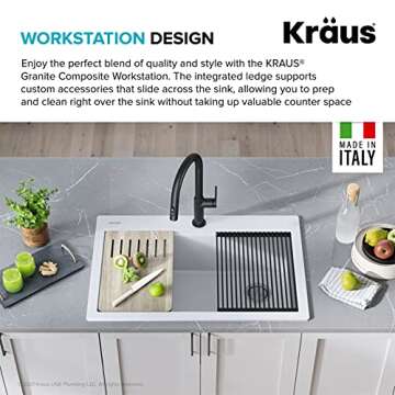 KRAUS Bellucci Workstation 33 in. Drop In Single Bowl Granite Kitchen Sink in White with Accessories, KGTW1-33WH