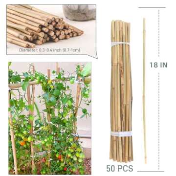 50Pcs Bamboo Plant Stakes for Indoor Outdoor Plants, 0.32''-0.4''/18 Inch Bamboo Sticks Garden Support Stakes Bamboo Poles Trellis for Tomato Vegetables Beans Trees Potted Climbing Plants