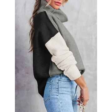 Dokotoo Medium Grey Sweaters for Women Fall 2024 Trendy Turtleneck Long Bat Sleeve Color Block Pullover Sweaters Casual Knit Side Slit Jumper Tops Small