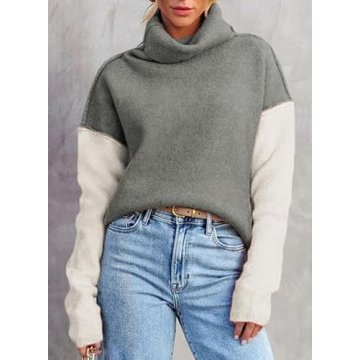 Dokotoo Medium Grey Sweaters for Women Fall 2024 Trendy Turtleneck Long Bat Sleeve Color Block Pullover Sweaters Casual Knit Side Slit Jumper Tops Small