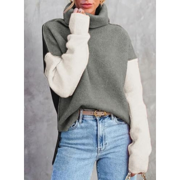 Dokotoo Medium Grey Sweaters for Women Fall 2024 Trendy Turtleneck Long Bat Sleeve Color Block Pullover Sweaters Casual Knit Side Slit Jumper Tops Small