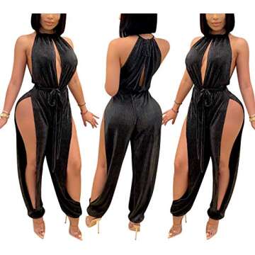 Iymoo Clubwear black romper - Sexy Jumpsuits for Women One Piece Women Halter Sleeveless Party Outfits Hight Split Pants Bandage Romper