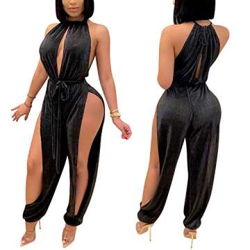 Iymoo Clubwear black romper - Sexy Jumpsuits for Women One Piece Women Halter Sleeveless Party Outfits Hight Split Pants Bandage Romper