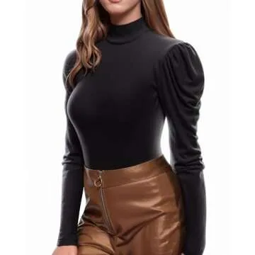 MANGOPOP Turtle Mock Neck Long sleeve Bodysuits for Women Puff Sleeve Bodysuit