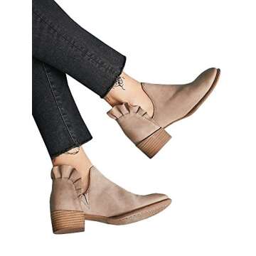 Womens Fall Booties Ankle Heels Cutout Low Stacked Ruffle Slip On Dress Short Boots Shoes