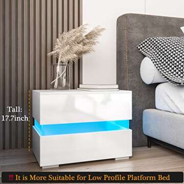 HALLOLURE Nightstand Modern Low Profile White Nightstand with Drawers and LED Light 17.7" Tall Night Stand Bed Side Table for Bedroom, Platform Bed