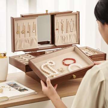 CHOSIN Black Walnut Wooden Jewelry Box for Women, 3 Level Multi-functional Drawer Wood Organizer Box...