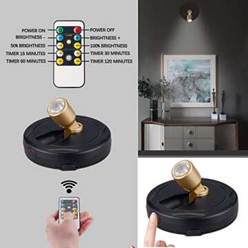 BERGUSTCH Battery Powered LED Spotlight, Picture Light, Indoor Uplighting, Puck Lights with Remote, Picture Frame Lights, Art Display Lights for Paintings Dartboard Portrait Artwork-Black