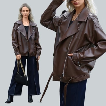 Zando Brown Leather Jacket Women Cropped Biker Jacket