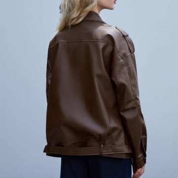 Zando Brown Leather Jacket Women Cropped Biker Jacket