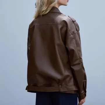Zando Brown Leather Jacket Women Cropped Biker Jacket