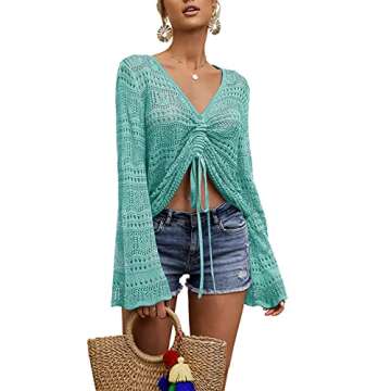 FERBIA Women Crochet Top Beach Cloth Drawstring Shirt Cover Up Oversized Sexy Beachwear Lace Up Tee ...